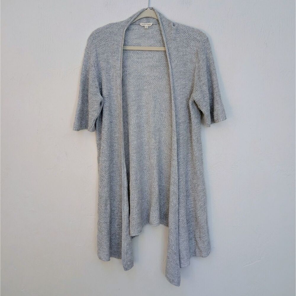 Eileen Fisher Women's M Gray Linen Blend Short Sleeve Open Cardigan Knit